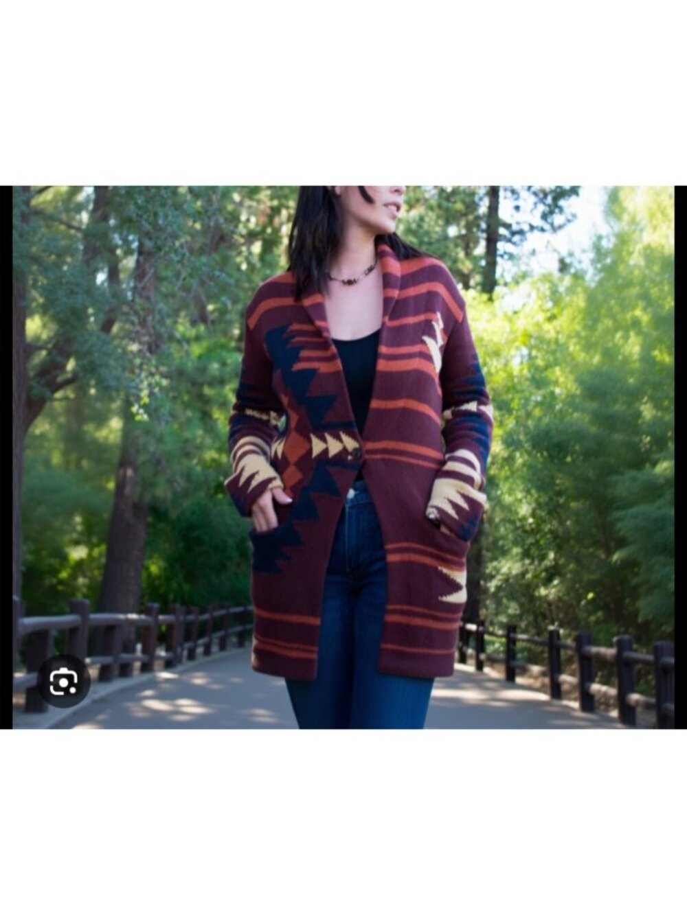PENDLETON Cardigan Women's Size XL Graphic SweaterCoat Maroon Aztec Wool Cotton - Picture 3 of 13